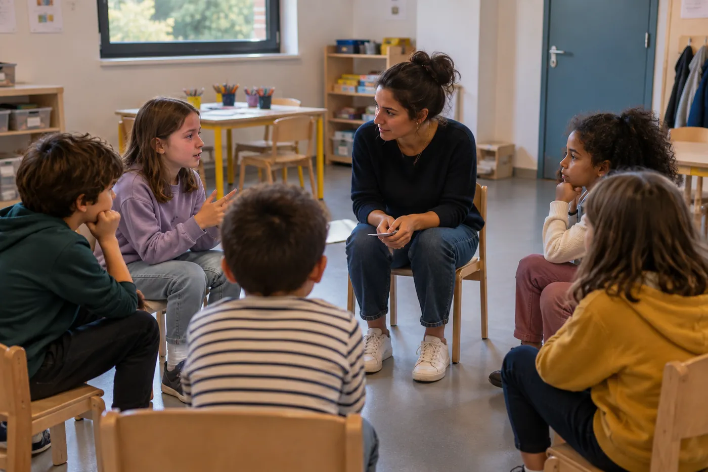 Atelier philosophique : des enfants assis en cercle échangent avec l’animatrice