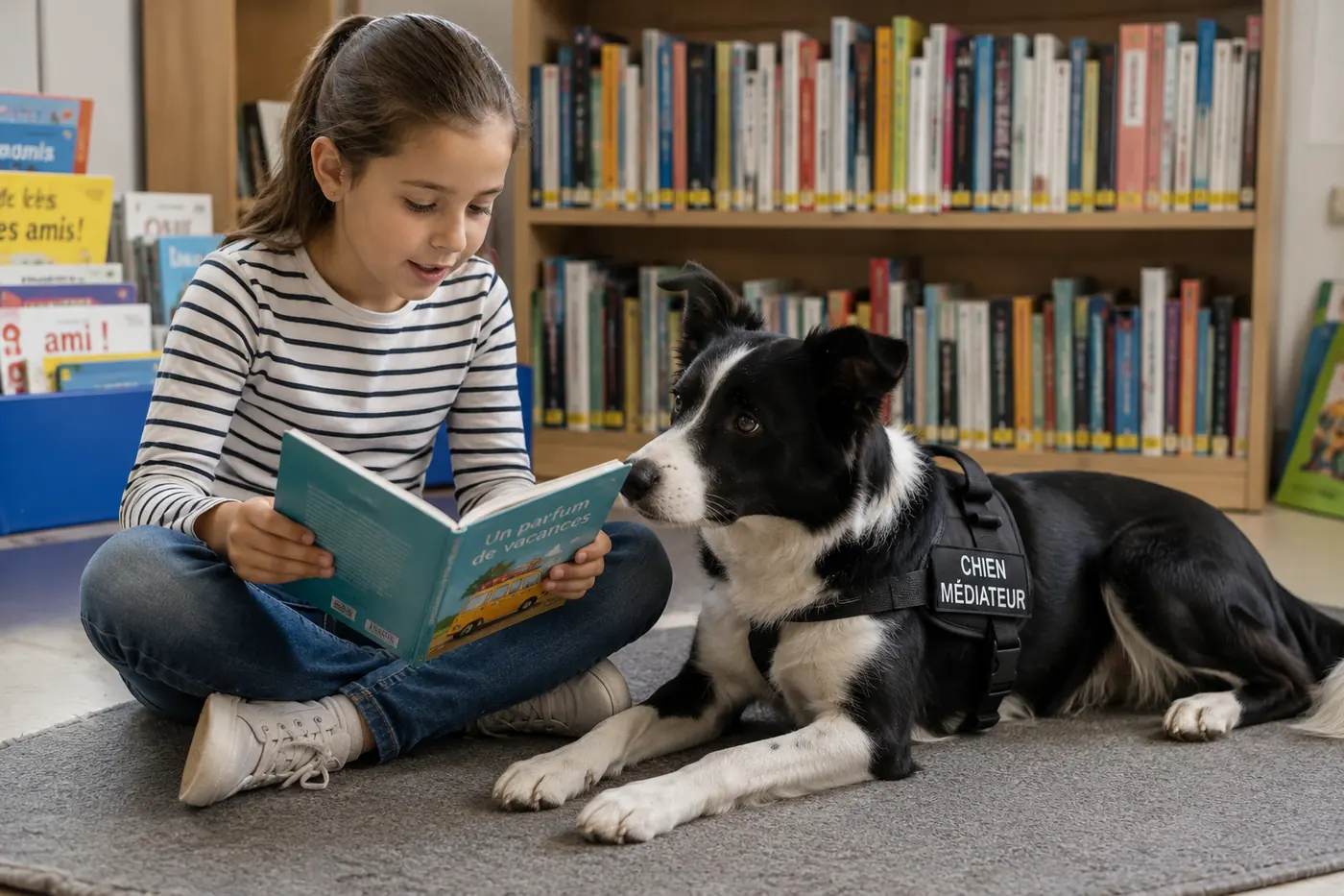 Une enfant lit un livre à côté d’un chien médiateur, dans une bibliothèque