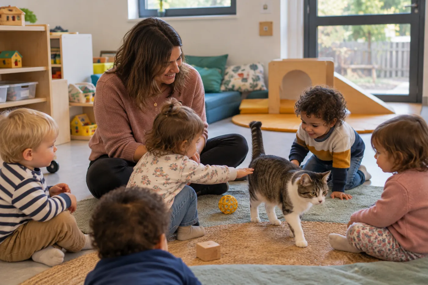 Séance de médiation animale : de jeunes enfants assis en cercle découvrent un chat, avec l’intervenante