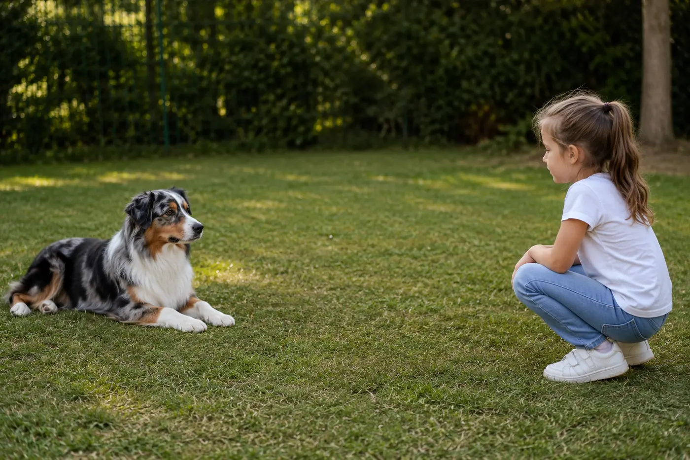Une enfant observe un chien allongé à distance, dans un jardin